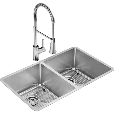Elkay Crosstown 18 Gauge SS 31-1/2" x 18-1/2" x 9" Equal Double Bowl Undermount Sink Kit with Faucet ECTRU31179TFC